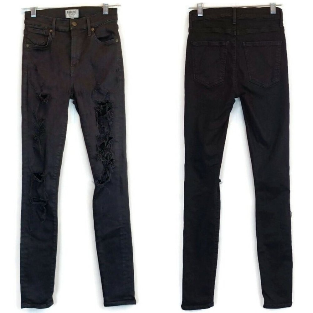 AGOLDE Sz 25 Black High Rise Skinny Jeans Ripped Stretch Denim Distressed Grunge - Picture 2 of 12